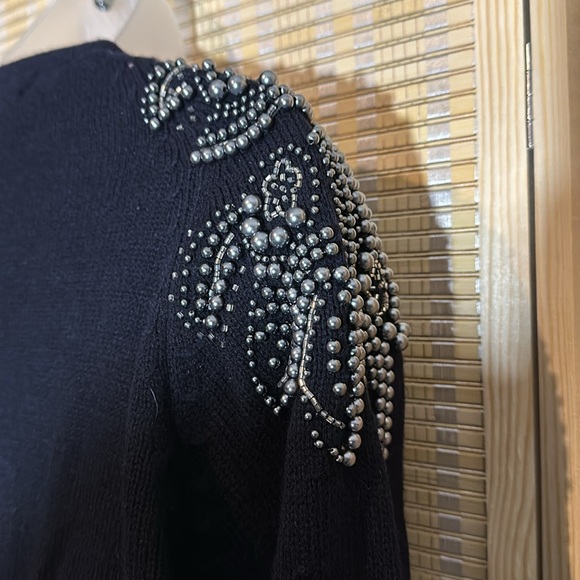 Darian Vintage 1990s Black Open Front Cardigan Sweater Silver Beading Medium - Picture 14 of 16